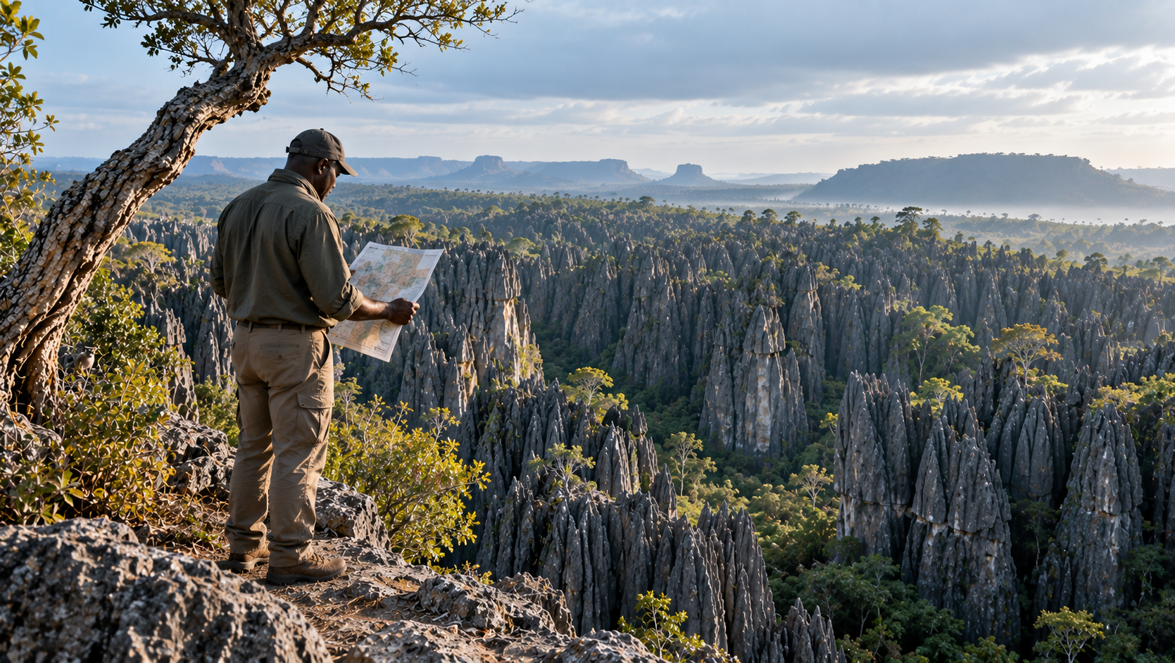 A mining project practitioner reviews a field map above a complex mineral landscape.