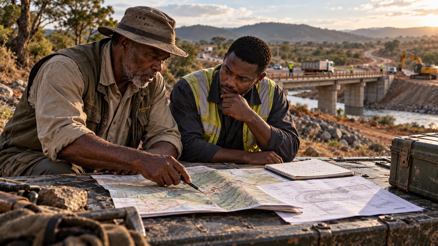 Two project practitioners review field plans beside active infrastructure works, connecting terrain, access, sequencing and the next development decision.