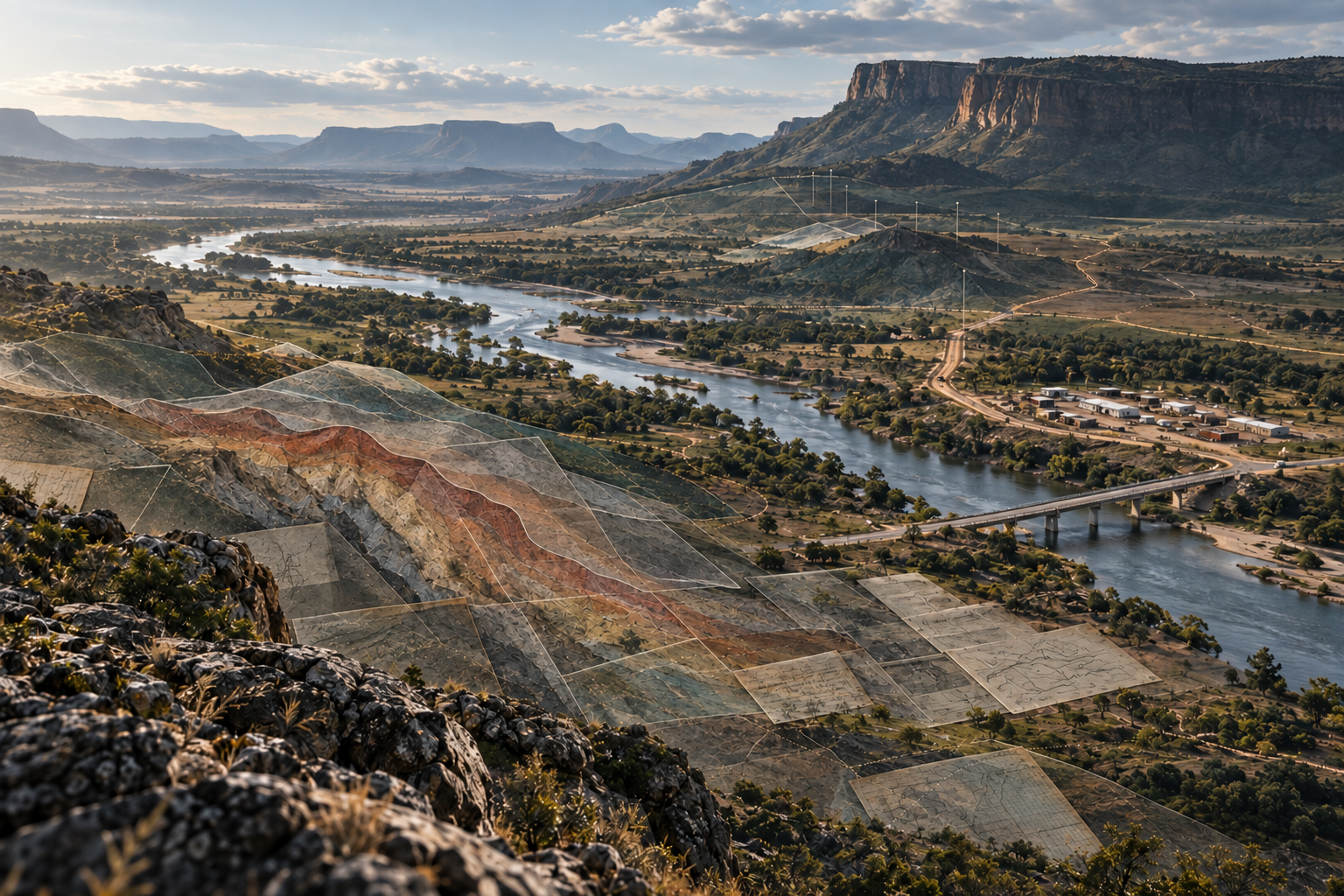 A mineral landscape viewed through layered project, geological and infrastructure information.